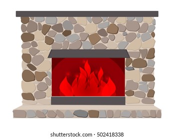 Classic fireplace with natural stone inside. The element of the interior living room. Vector illustration.