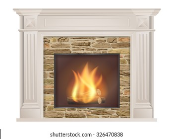 Classic fireplace: with pilasters and a furnace with natural stone inside. The element of the interior living room. Vector illustration.