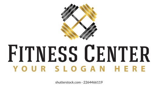 Classic fitness logo. Two barbells in rich gold and black colors. Fitness center icon isolated on white background