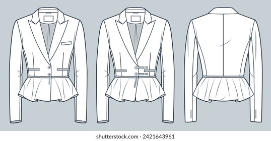 Classic fitted Jacket technical fashion illustration. Cropped Blazer with zipped peplum fashion technical drawing template, single breasted, front, back view, white, women, men, unisex CAD mockup set.