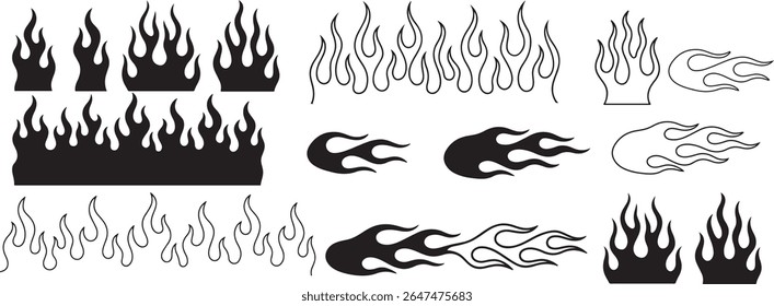 Classic Flame Silhouette Vector – Black Fire Set in Old School Tattoo and Neo-Tribal Style