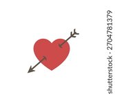 Classic flat design vector illustration of a bold red heart pierced by a dark cupid