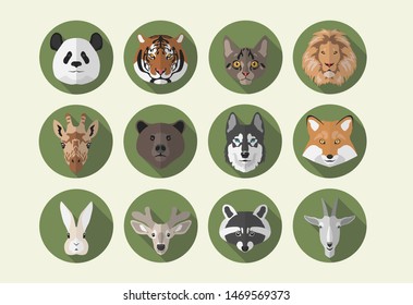 classic flat icon animals full head in green circle with shadow: panda, tiger, cat, lion, giraffe, bear, husky, fox, hare, deer, raccoon, goat