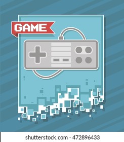 Classic flat illustration of rectangular joystick with wire on blue background