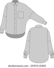 Classic flat technical drawing of fashion loose shirt, button, pocket, front and back view, gray, women's, men's, unisex CAD mockup