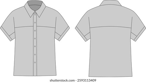 Classic Flat Technical Drawing of Fashionable Short Sleeve Loose Shirt Button Front Back View Gray Female - CAD Layout