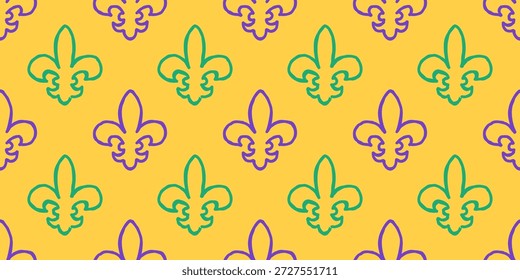Patrón clásico de flores de lis sin costuras inspirado en la tradición de Mardi Gras, adecuado para decoración festiva, tela y diseño de celebración.