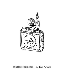 Classic flip top lighter generating a steady flame, depicted in a hand drawn, retro inspired engraving style, reflecting themes of fire, ignition, and utility