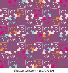 Classic floor texture composed of natural stone, granite, quartz, marble, glass and concrete. Seamless background. Pattern of squares. Chaotic Spot. Fashion camouflage. Grungy textiles.