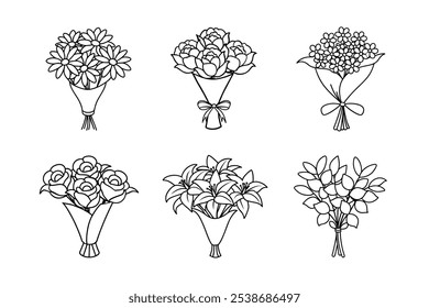 Clássico Floral Bouquets Line Art Bundle - Rosa, Lírio, Peônia, Daisy, Respiração do bebê, Eucalipto