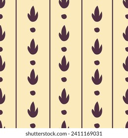 Classic floral composition with straight vertical lines, florets and decorative dots. Modern decoration for materials and fabrics. Seamless pattern, wallpaper or print background. Vector in flat style