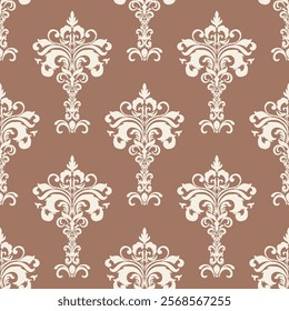 Classic Floral Damask Pattern with Cream Motifs on Elegant Brown Background for Timeless Design.