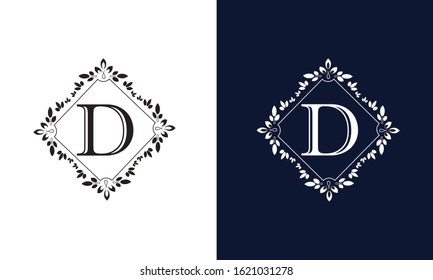 Classic floral monogram on black and white background with letter D. Design for wedding invitations, business sign.
