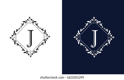 Classic floral monogram on black and white background with letter J. Design for wedding invitations, business sign.
