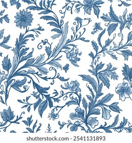 A classic floral pattern featuring intricate blue vines and flowers on a white background.