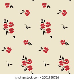 Classic floral print with small hand-drawn red flowers, dark foliage. Seamless botanical pattern. Minimalistic style, lots of free space. Vector.