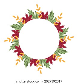 Classic floral round frame with colorful autumn fallen leaves. Cute cartoon flat wreath for design of greeting card, invitation, label, promotion. For Thanksgiving parade, harvest day, fair, festival.