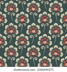 Classic floral seamless pattern. Decorative flowers shape on a green background. Vector illustration design for fabric and wallpaper
