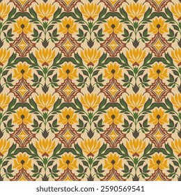Classic Floral Tile Seamless Pattern in Red, Beige, and Blue