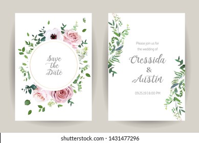 Classic floral vector design frames. Dusty pink rose, anemone, white lilac, eucalyptus, greenery. Trendy wedding green and flowers rustic cards. Golden geometry style line art. Isolated and editable