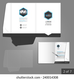 Classic folder template design for company with black hexagon and shape. Element of stationery.
