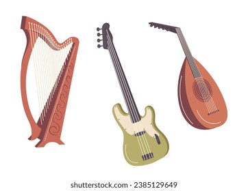 Classic, folk and rock music instrument as harp, bandura and electric bass guitar isolated set