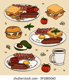 Classic food cartoon set with bacon, fried eggs, toasts, egg and cheese sandwich, avocado, tomato and coffee cup. 
