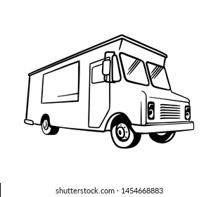 Classic food truck line art vector illustration perfect for background, poster, menu, street food festival, restaurant. Simple line logo.