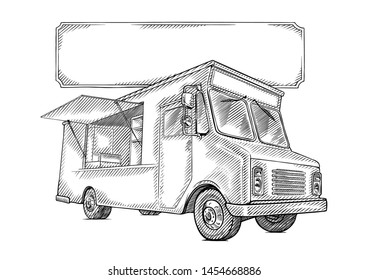 Classic food truck line art vector illustration perfect for background, poster, menu, street food festival, restaurant, private business. Black and white van with blank sign.