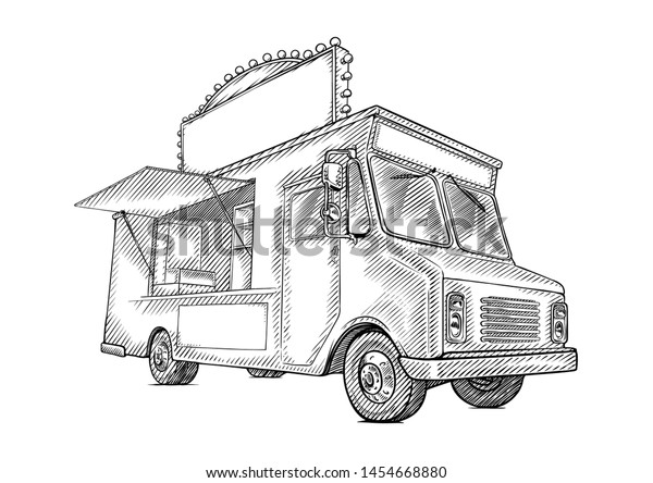Classic food truck line art vector illustration\
perfect for background, poster, menu, street food festival,\
restaurant. Blank business\
sign.