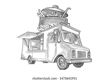 Classic Food Truck With Local Dish. Pot Cauldron Traditional For Soup Goulash. 