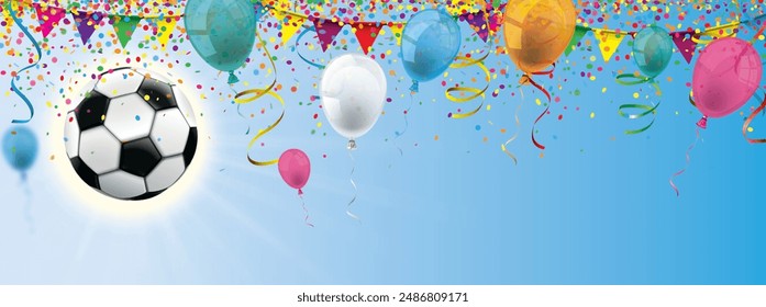 A classic football in the blue sky with confetti and colored balloons. Eps 10 vector file.