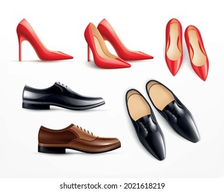 Classic footwear realistic set with red high heels premium black brown leather men smart shoes vector illustration