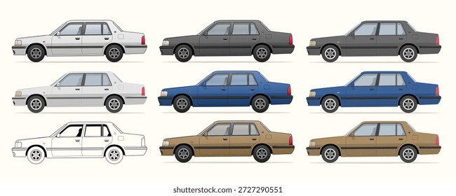 Klassische viertürige Limousine in sauberer Seitenansicht mit flachem Vektorstil und gleichbleibenden Proportionen, ideal für Transportkonzepte, Kataloge und Design-Layouts im editierbaren Vektorformat.