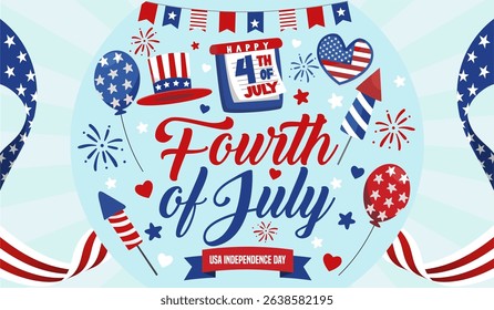 Classic Fourth of July 2025 celebration banner with festive typography fireworks, balloons, and red-blue decor elements. USA Independence Day icons and elements. Vector Illustration