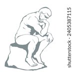 Classic french carve naked Poet on white text space. Outline black ink hand drawn logo nude ponder memory ask question why faq image sign design in retro artist doodle cartoon style. Closeup line view