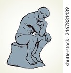 Classic french carve naked Poet on white text space. Outline black ink hand drawn logo nude ponder memory ask question why faq image sign design in retro artist doodle cartoon style. Closeup line view
