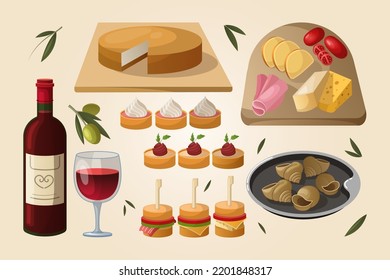 Classic French dinner cartoon illustration set. Bottle and glass of wine, plate of escargots, cheese, ham, delicious settee, canape. Food, restaurant, alcohol, lunch concept