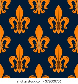 Classic french floral pattern with seamless orange fleur-de-lis ornament over blue background. Great for medieval interior, textile embellishment and background design