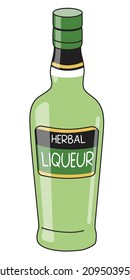 Classic French Herbal Liqueur in a bottle. Doodle cartoon hipster style vector illustration isolated on white background. Good for party card, posters, bar menu or alcohol cook book recipe.