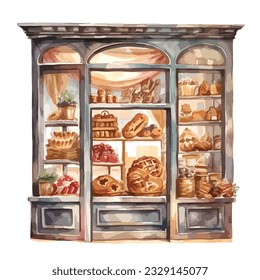 classic french parisian building bakery window display store front in watercolor illustration