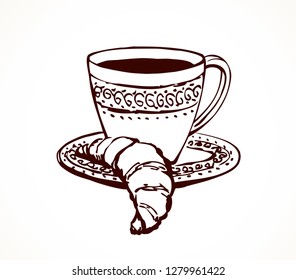 Classic fresh hot black sweet brazil coffe pot on white table. Hand drawn old menu symbol. Arabian cutlery ware crockery still life sketch in art antique doodle cartoon style.