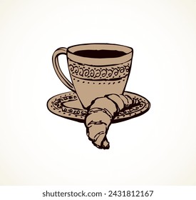 Classic fresh hot black sweet brazil coffe pot on white table. Hand drawn old dishware menu symbol. Arabian cutlery ware crockery still life sketch in art antique cartoon style on space for text