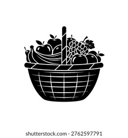 A classic fruit basket filled with various fruits in a stark black and white silhouette style.