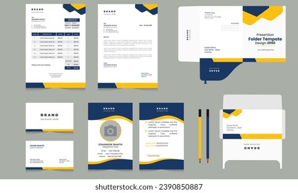 Classic full stationery template design. Editable vector illustration: Business card, invoice, Id card, envelope, letterhead, pen etc.