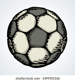 Classic Fun Kickball Sphere On Light Field Backdrop Text Space. Freehand Outline Dark Ink Hand Drawn Picture Emblem Design Sketchy In Art Retro Doodle Engrave Print Style Pen On Paper. View Close Up