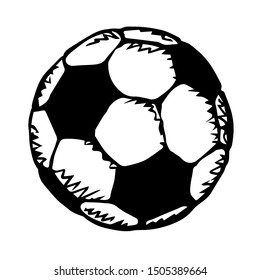 Classic Fun Kickball Sphere On Light Field Backdrop Text Space. Freehand Outline Dark Ink Hand Drawn Picture Emblem Design Sketchy In Art Retro Doodle Engrave Print Style Pen On Paper. View Close Up