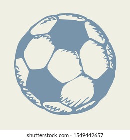 Classic Fun Kickball Sphere On Light Field Backdrop Text Space. Freehand Outline Dark Ink Hand Drawn Picture Emblem Design Sketchy In Art Retro Doodle Engrave Print Style Pen On Paper. View Close Up