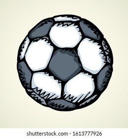 Classic Fun Kickball Sphere On Light Field Backdrop Text Space. Freehand Outline Dark Ink Hand Drawn Picture Emblem Design Sketchy In Art Retro Doodle Engrave Print Style Pen On Paper. View Close Up