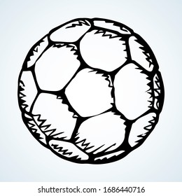 Classic Fun Kickball Sphere On Light Field Backdrop Text Space. Freehand Outline Dark Ink Hand Drawn Picture Emblem Design Sketchy In Art Retro Doodle Engrave Print Style Pen On Paper. View Close Up